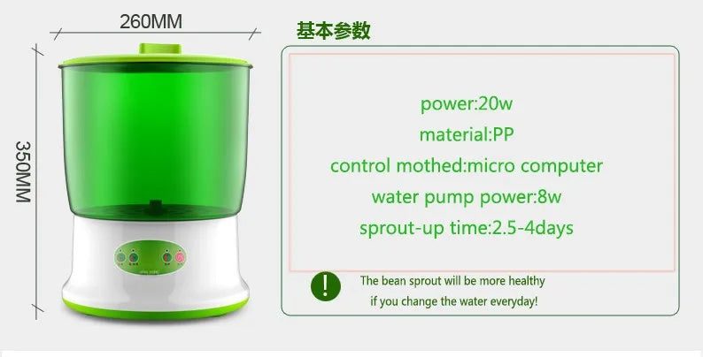 Intelligent Bean Sprouts Maker Thermostat Green Vegetable Seeds Growth Bucket Automatic Electric Sprout Buds Germinator Machine